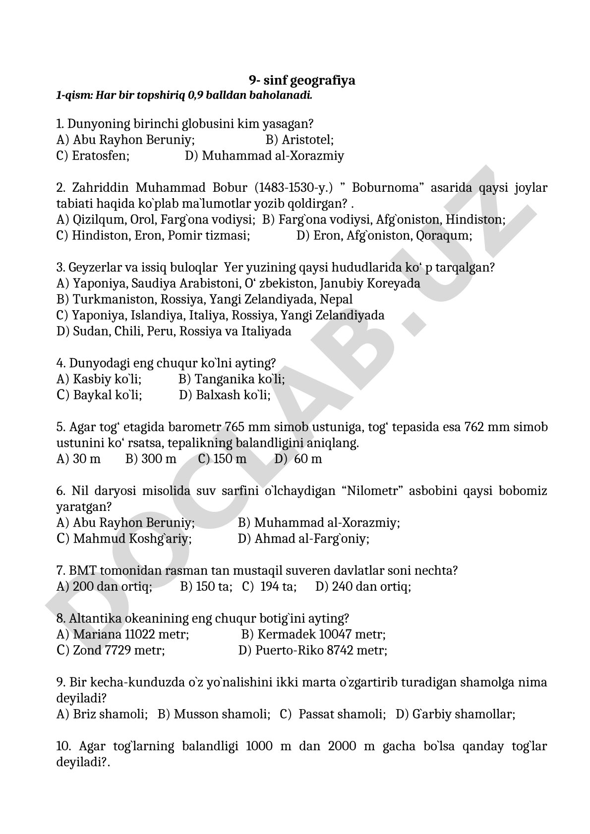 9-sinf geografiya 1-qism test savollari