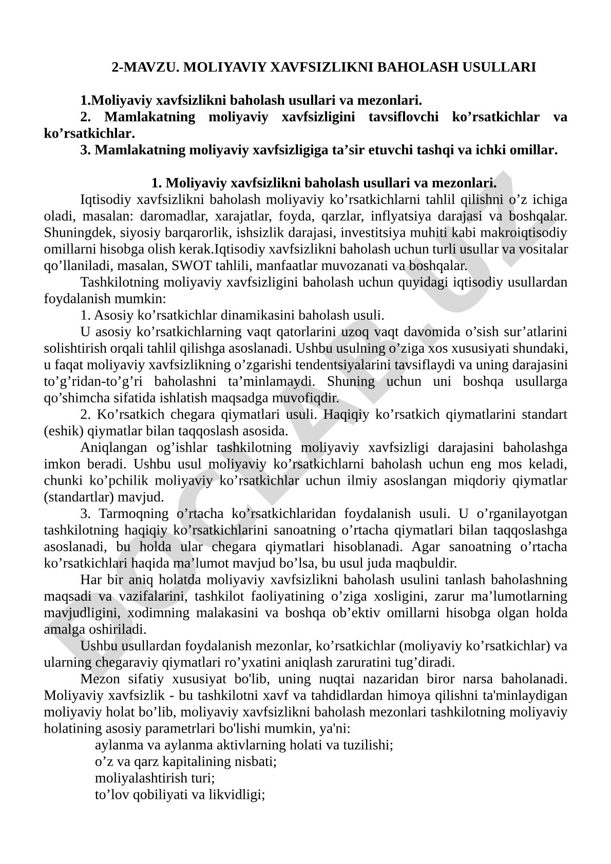 Moliyaviy xavfsizlikni baholash usullari