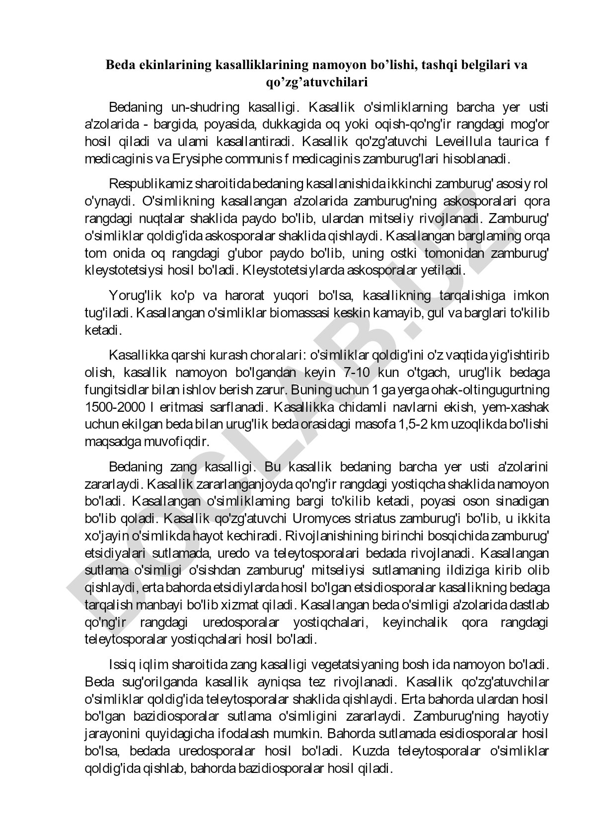 Beda ekinlarining un-shudring kasalligi va kurash choralari