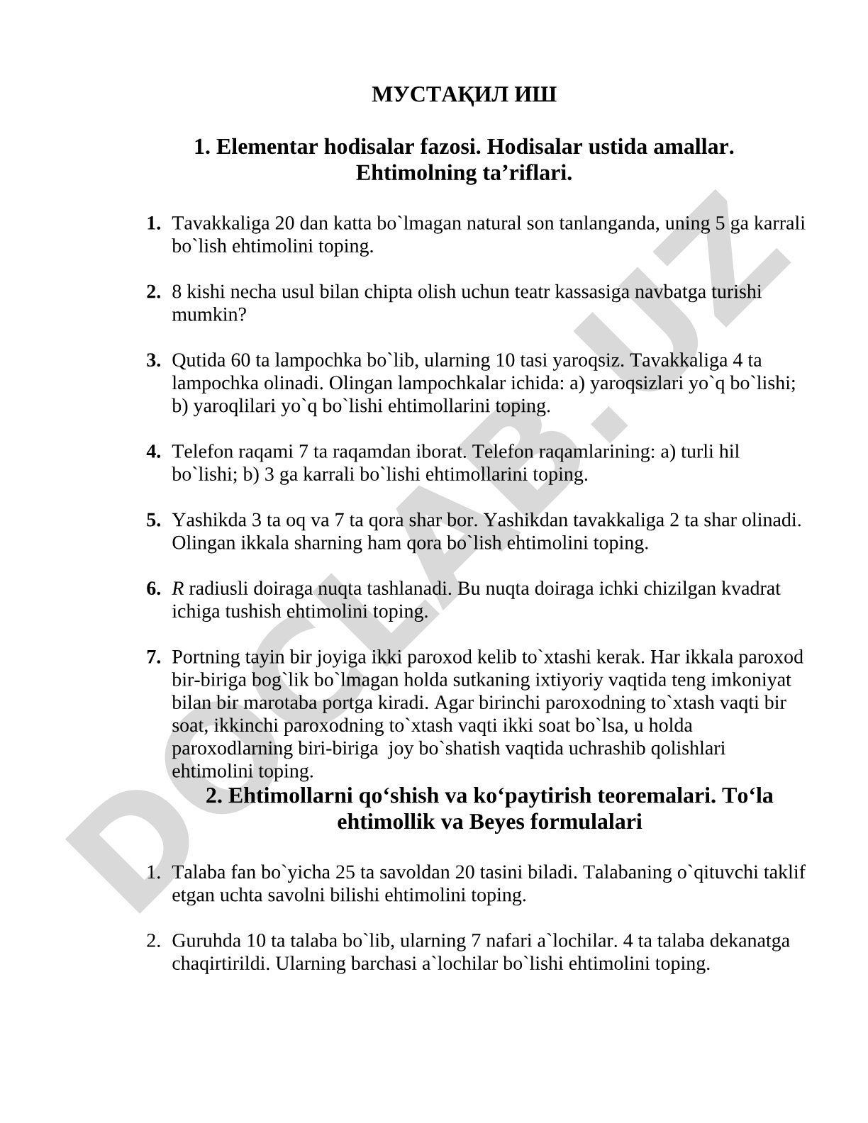 Mustaqil ish 1: Elementar hodisalar fazosi va ehtimollik masalalari