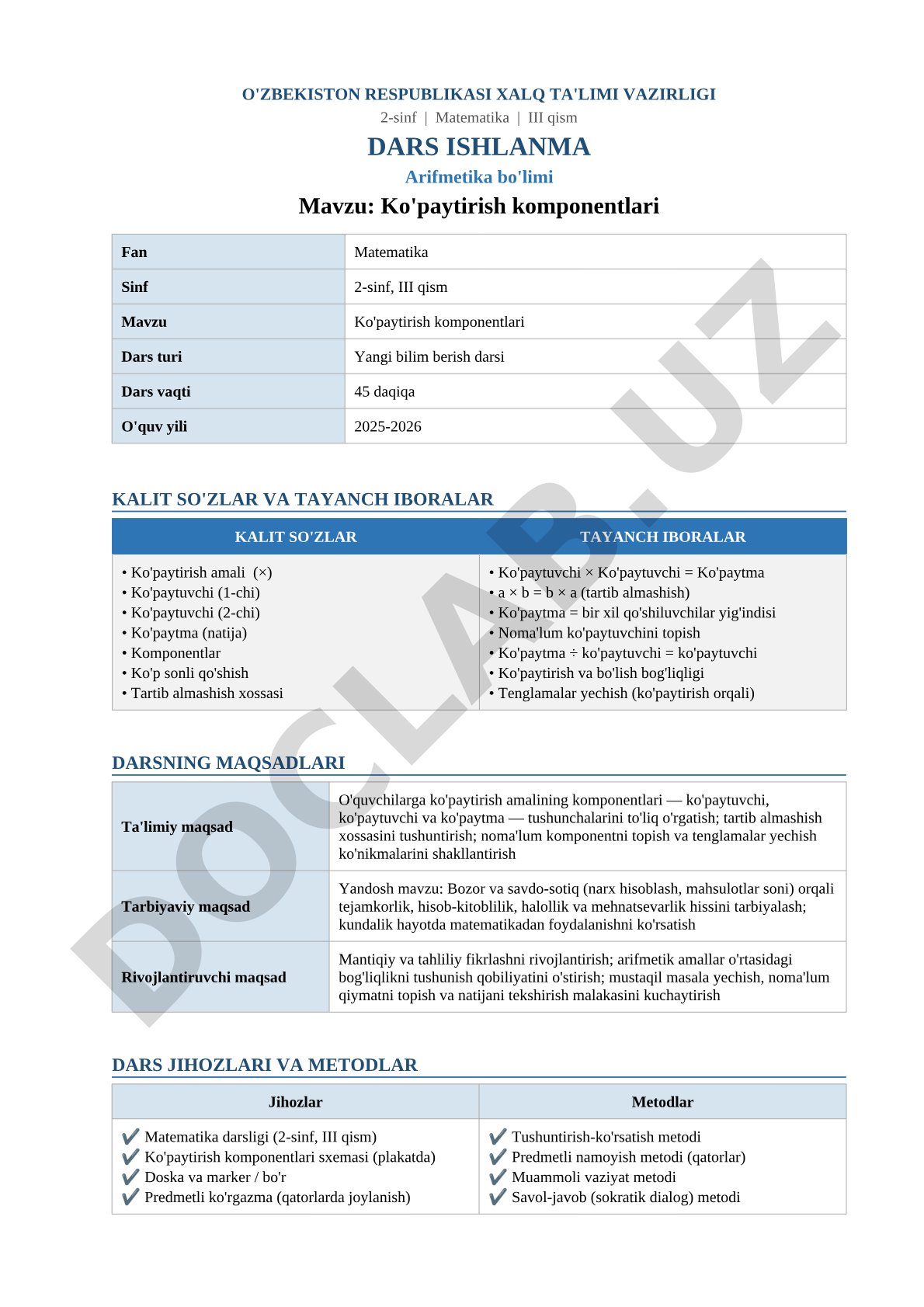 2-sinf matematika dars ishlanma: ko'paytirish komponentlari, xossalari, tenglamalar