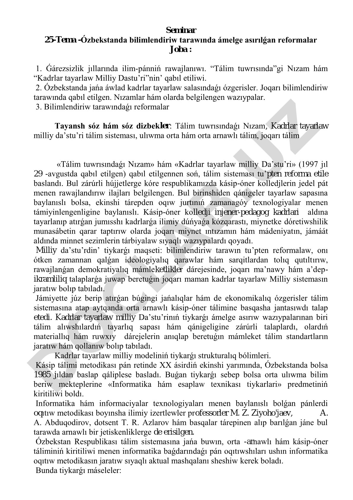 Ózbekstanda bilimlendiriw tarawında ámelge asırılǵan reformalar