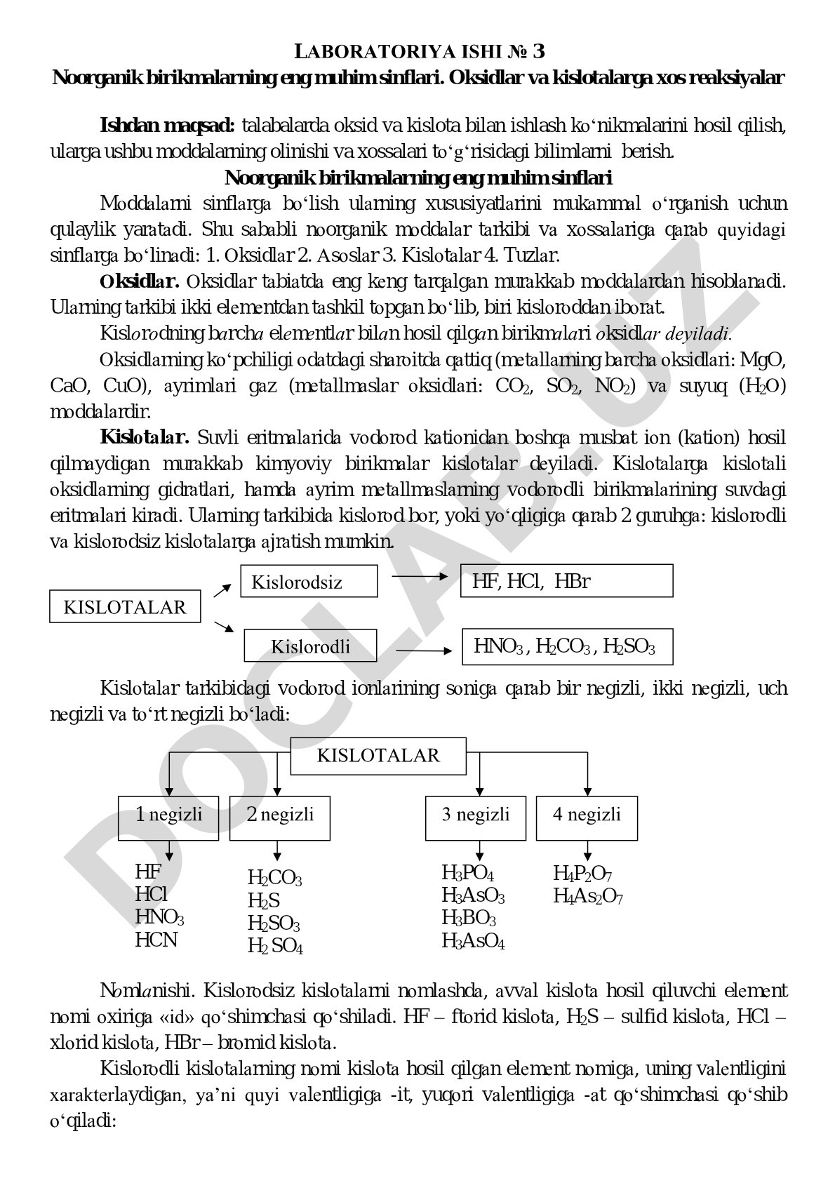 Noorganik birikmalarning eng muhim sinflari. Oksidlar va kislotalarga xos reaksiyalar