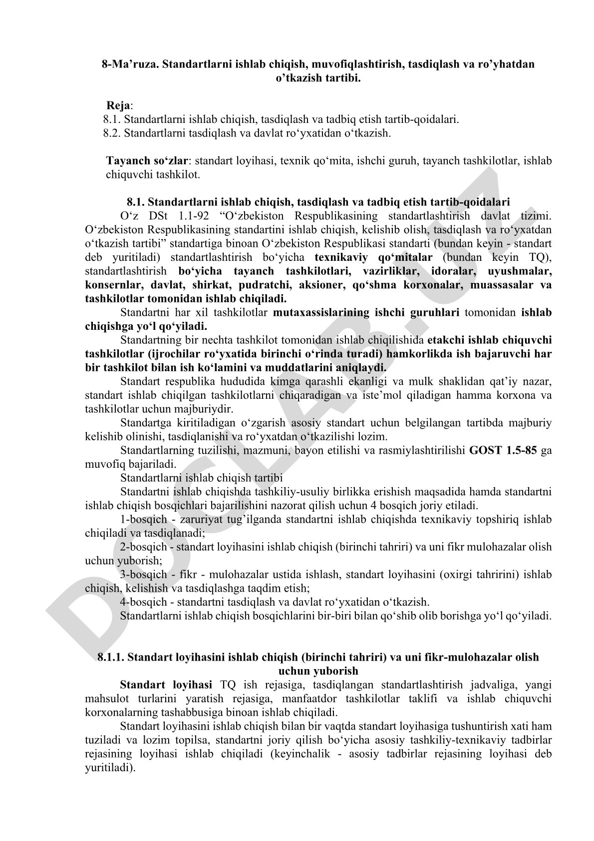 Standartlarni ishlab chiqish, muvofiqlashtirish, tasdiqlash va ro'yhatdan o'tkazish tartibi