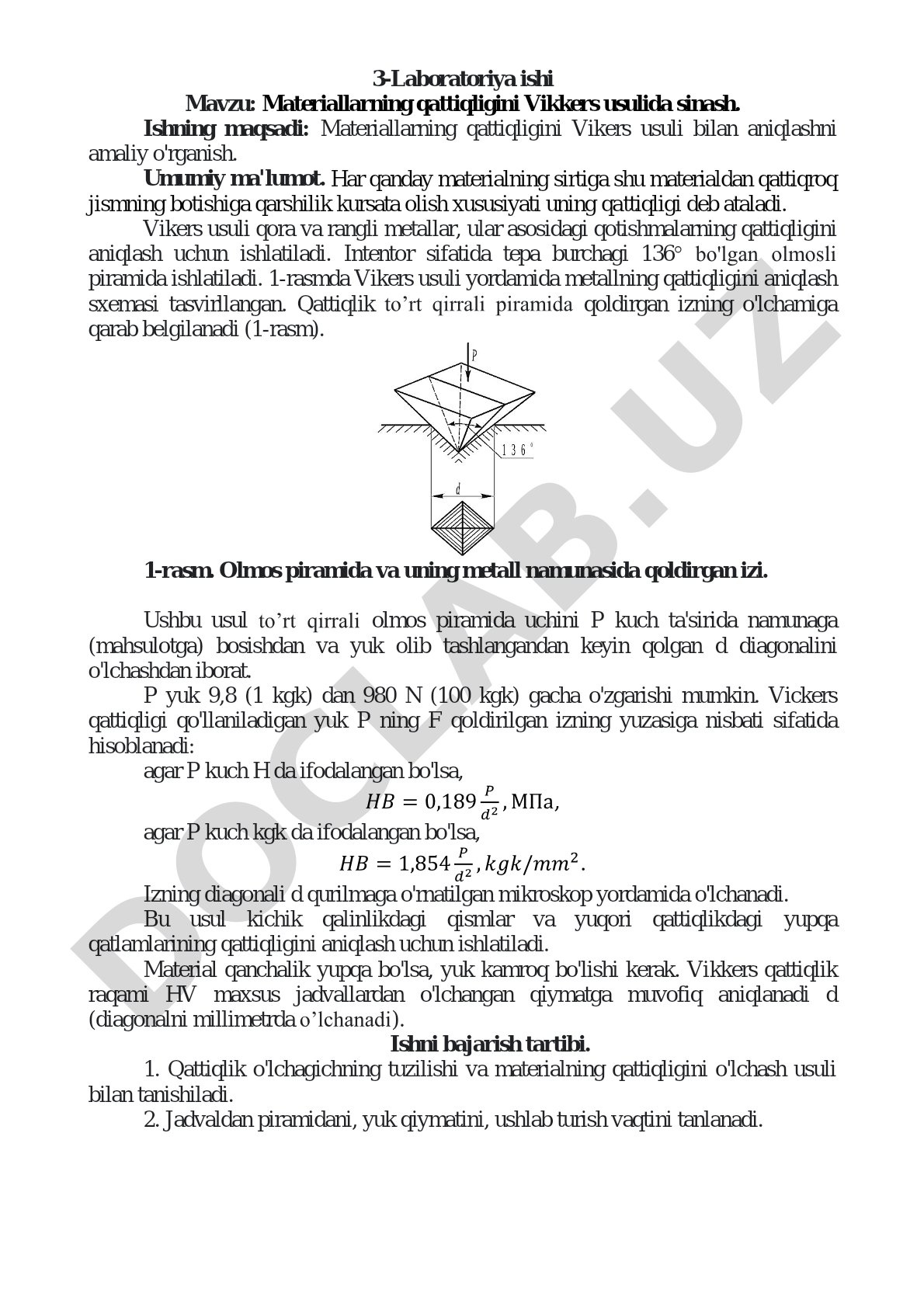 Materiallarning qattiqligini Vikkers usulida sinash