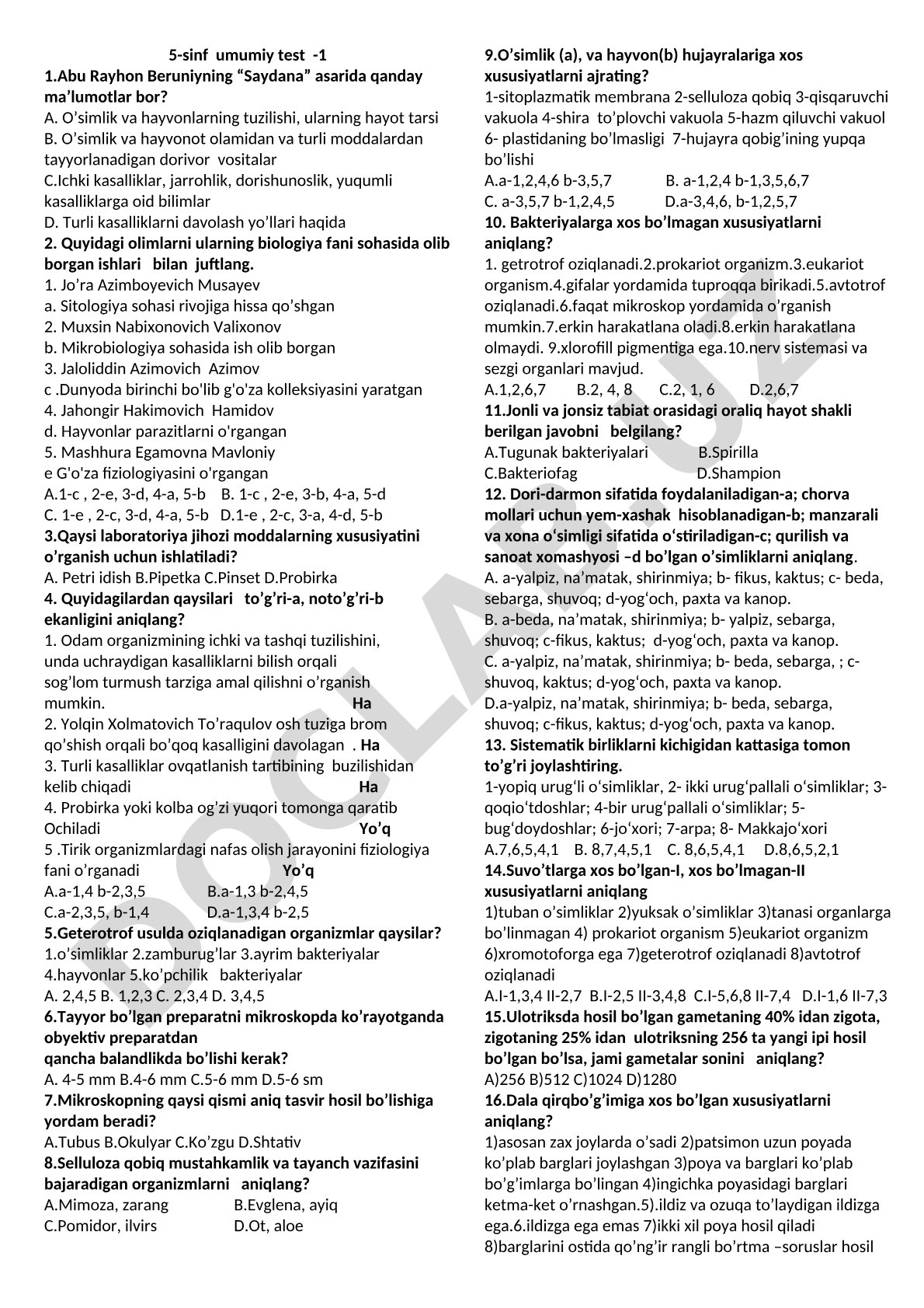 5-sinf biologiya fanidan umumiy test savollari