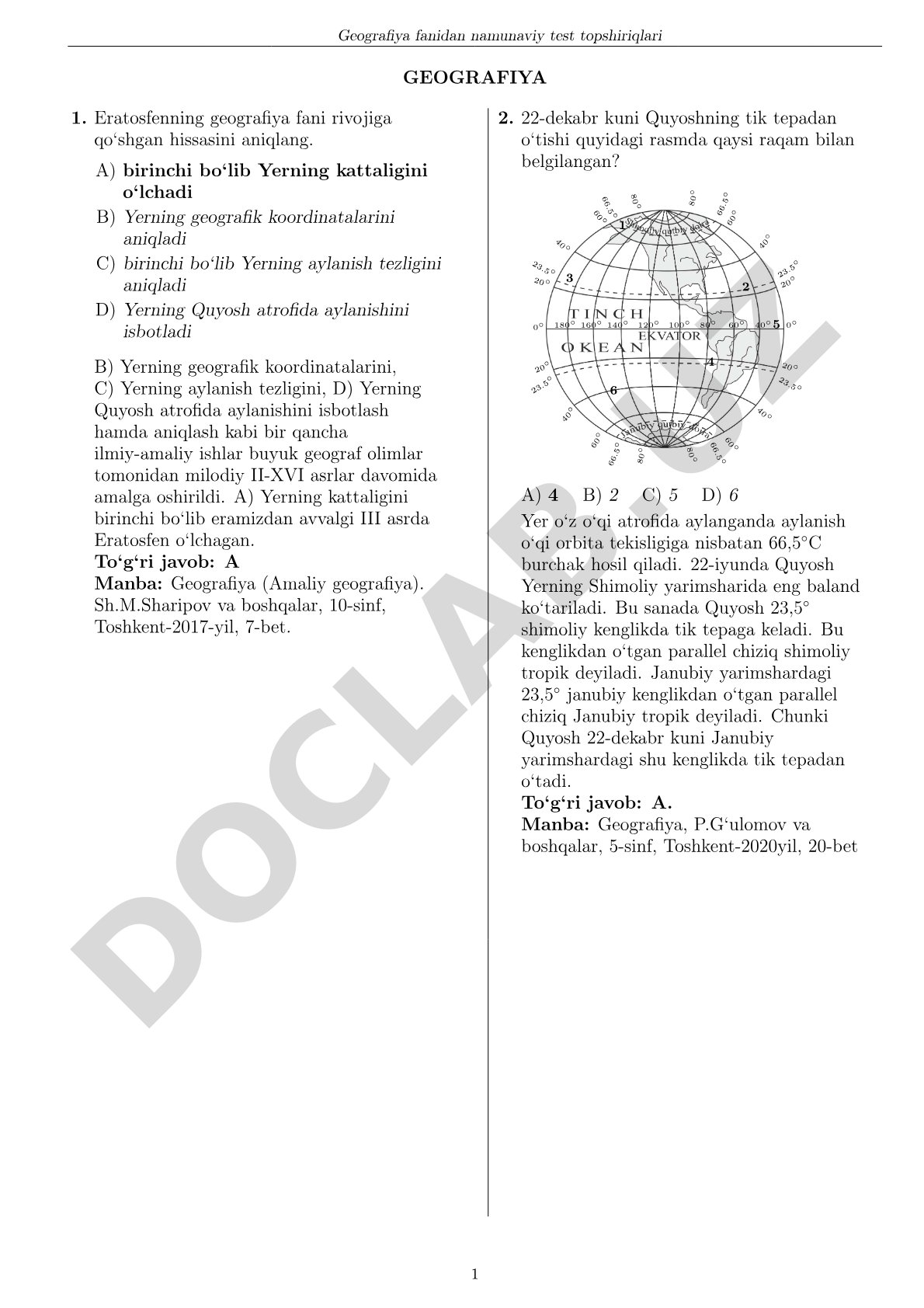 Geografiya fanidan namunaviy test topshiriqlari GEOGRAFIYA