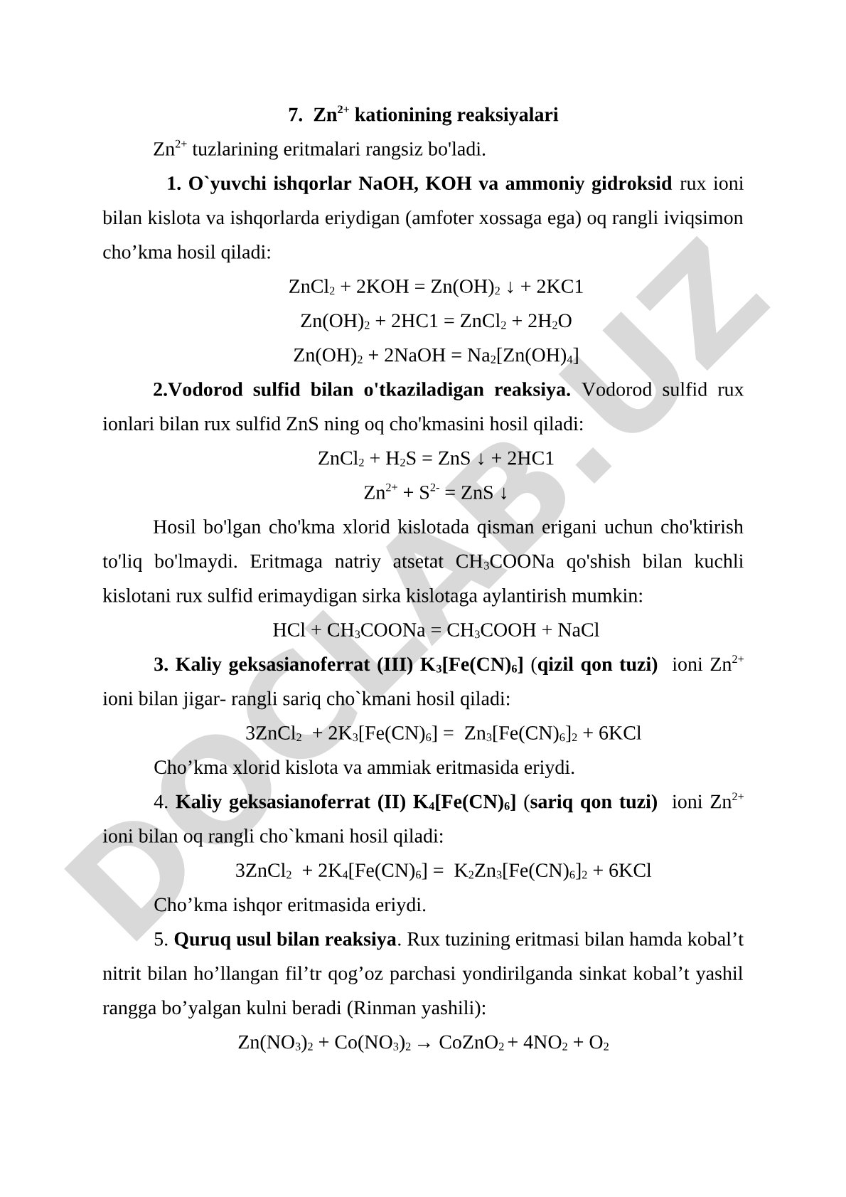 Zn2+ kationining reaksiyalari