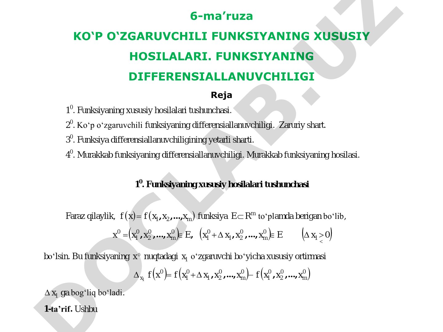 Ko‘p o‘zgaruvchili funksiyaning xususiy hosilalari va differensiallanuvchiligi
