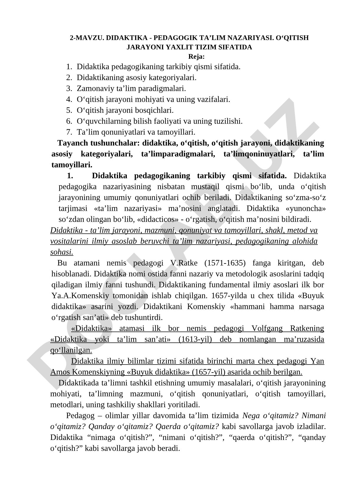Didaktika - pedagogik ta’lim nazariyasi. O‘qitish jarayoni yaxlit tizim sifatida