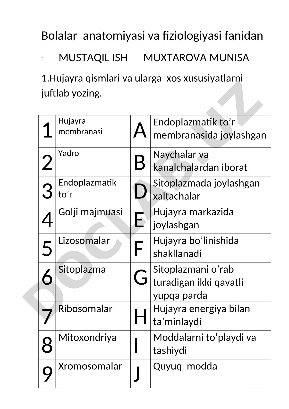 Bolalar anatomiyasi va fiziologiyasida hujayra qismlari va vitaminlar