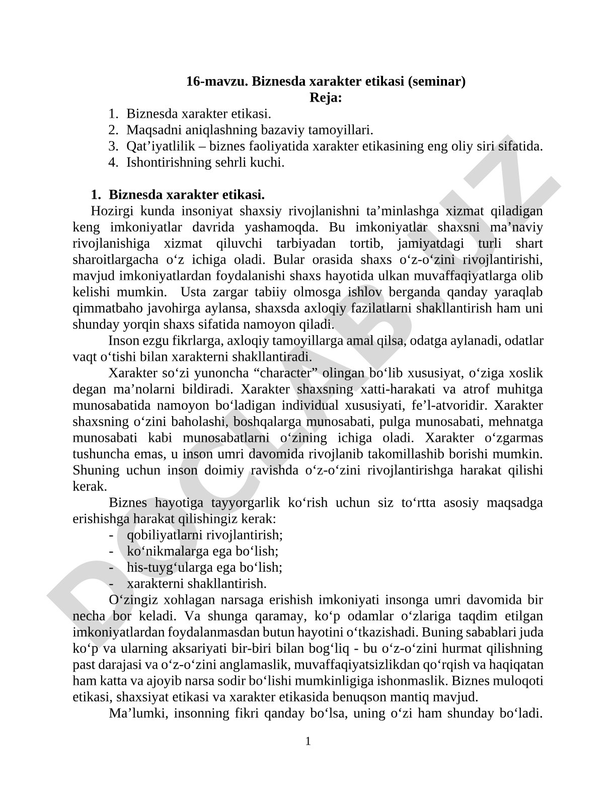 Biznesda xarakter etikasi (seminar)