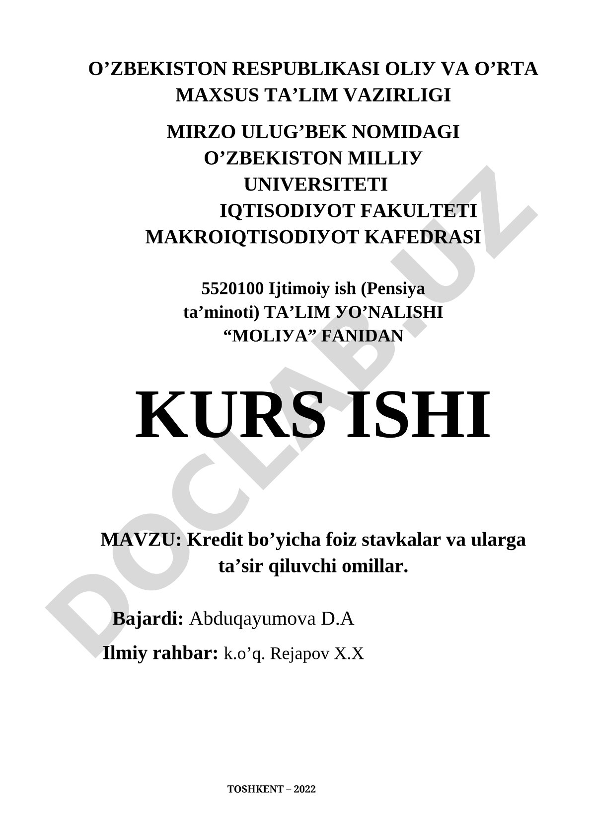 Kredit bo'yicha foiz stavkalar va ularga ta'sir qiluvchi omillar
