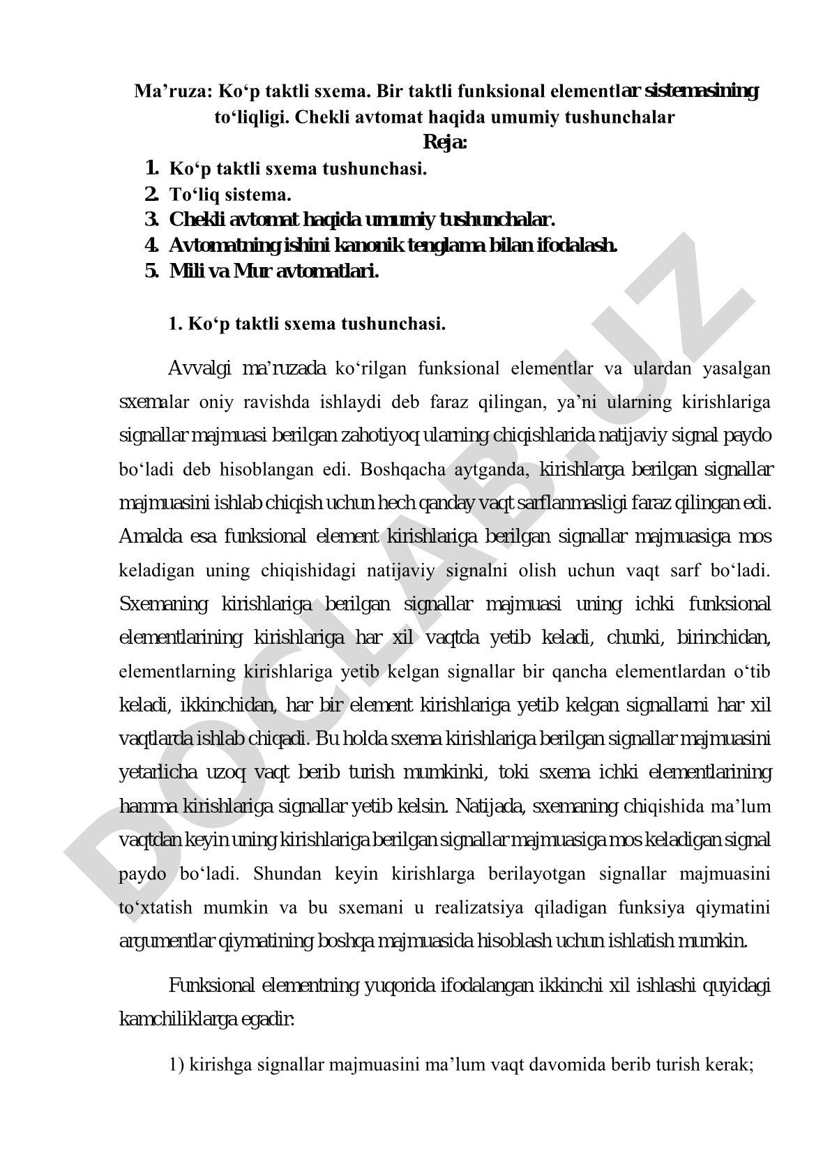 Ko‘p taktli sxema. Bir taktli funksional elementlar sistemasining to‘liqligi. Chekli avtomat haqida umumiy tushunchalar