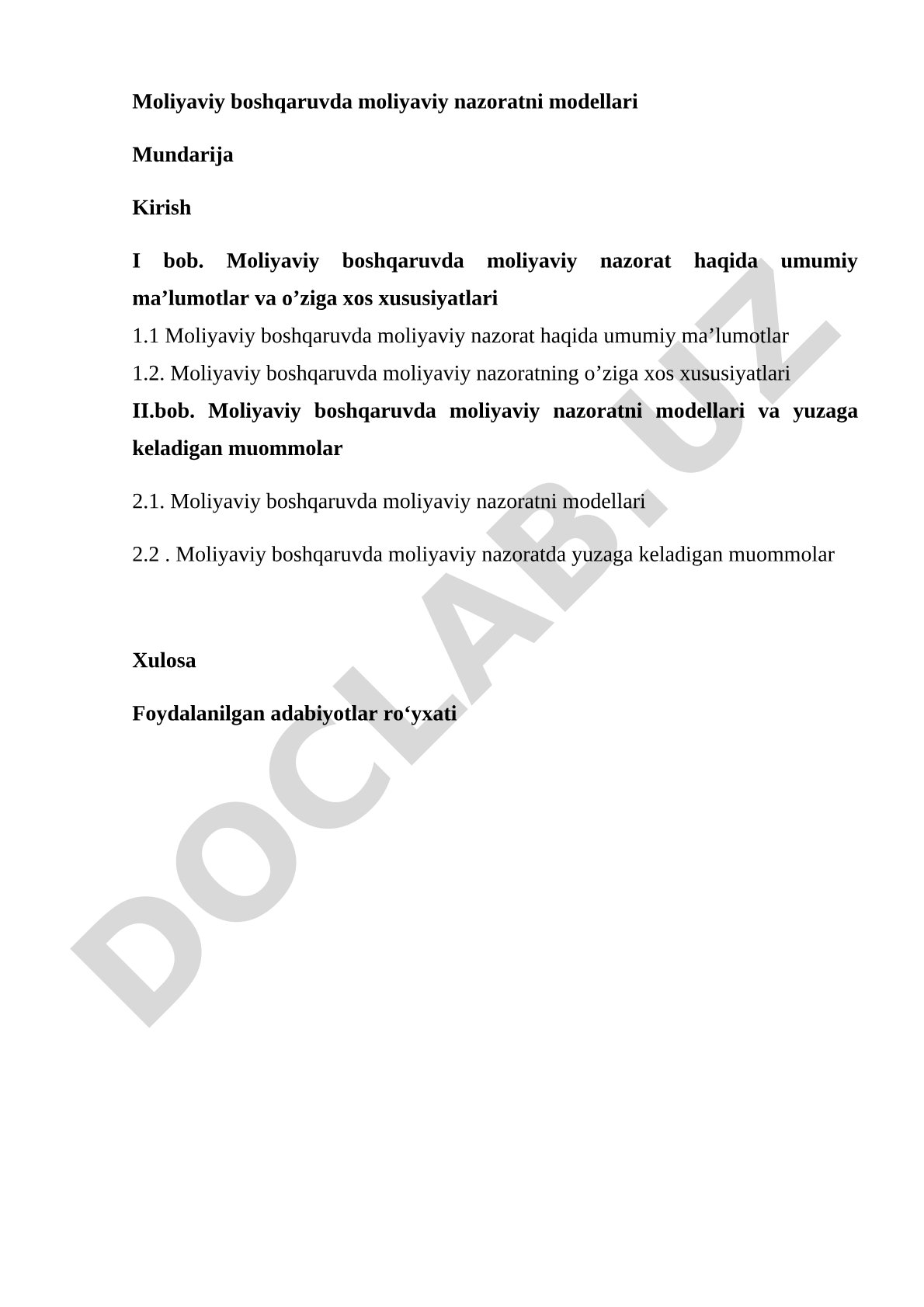 Moliyaviy boshqaruvda moliyaviy nazoratni modellari