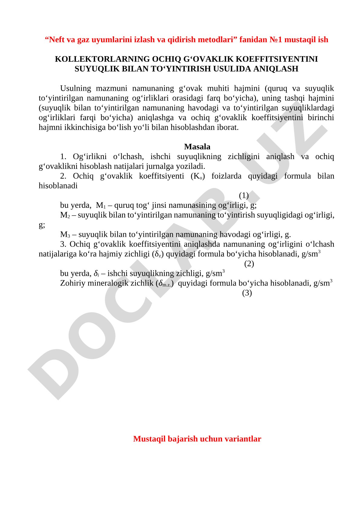 Kollektorlarning ochiq g'ovaklik koeffitsiyentini suyuqlik bilan to'yintirish usulida aniqlash