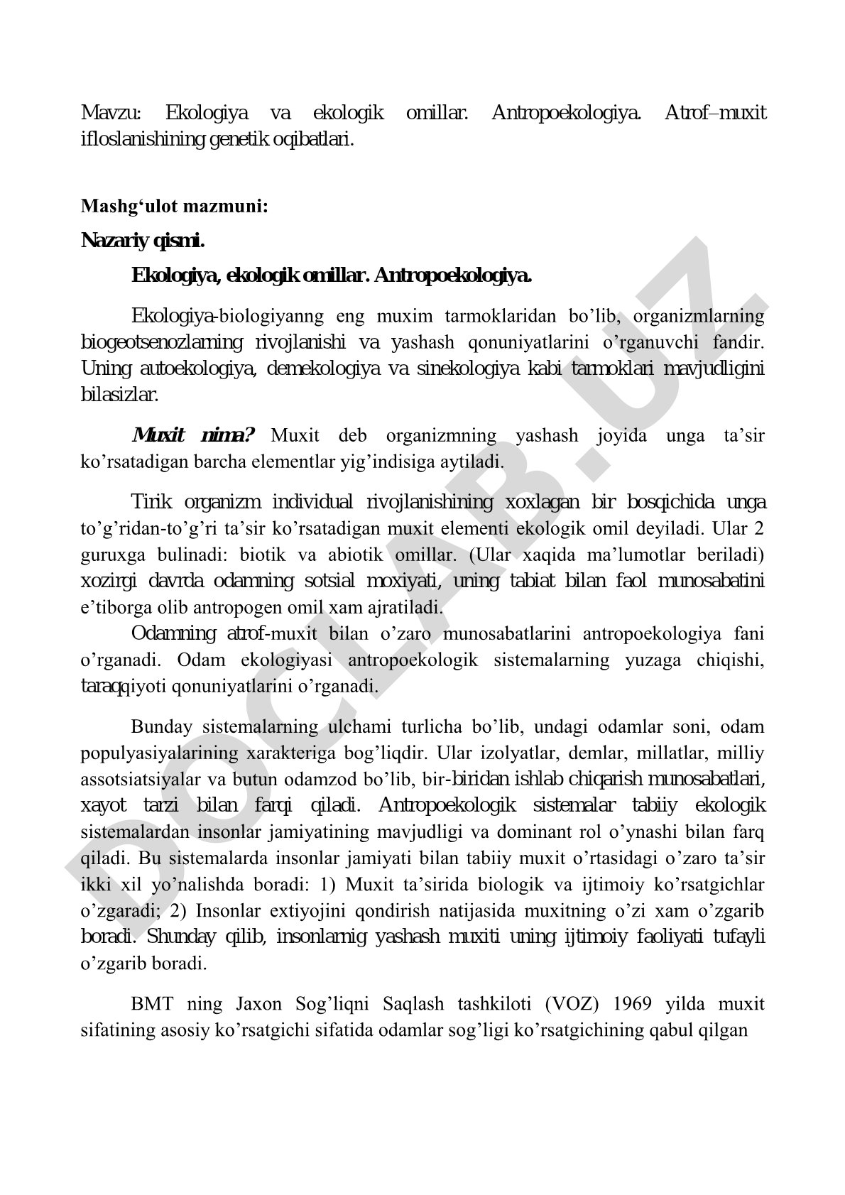 Ekologiya va ekologik omillar. Antropoekologiya. Atrof–muxit ifloslanishining genetik oqibatlari