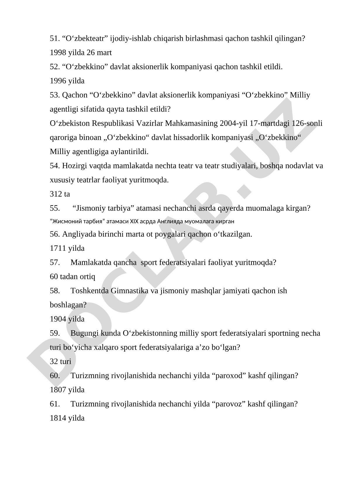 Teatr, kino va sport tarixi bo'yicha savol-javoblar