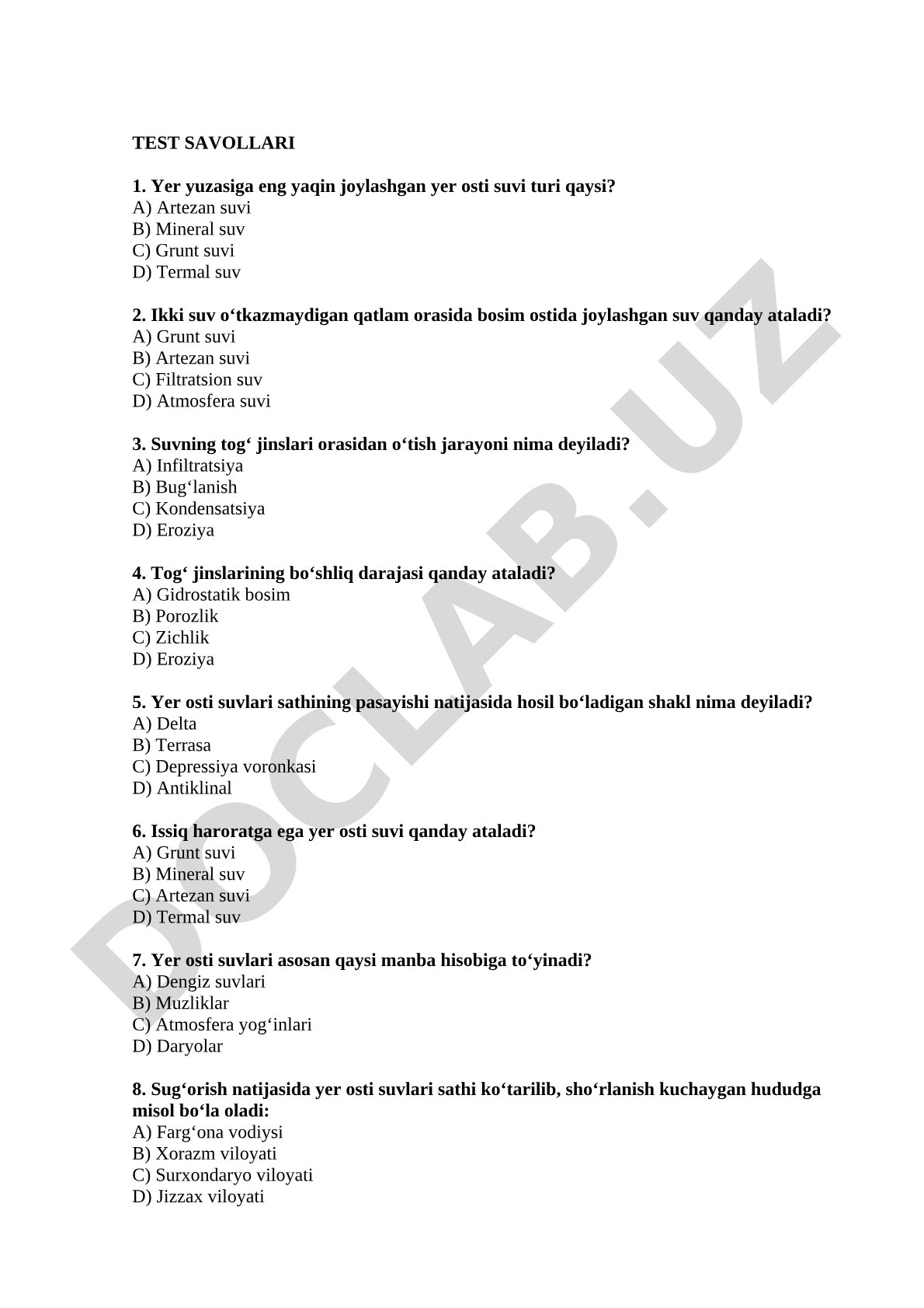 Yer osti suvlari bo'yicha test savollari