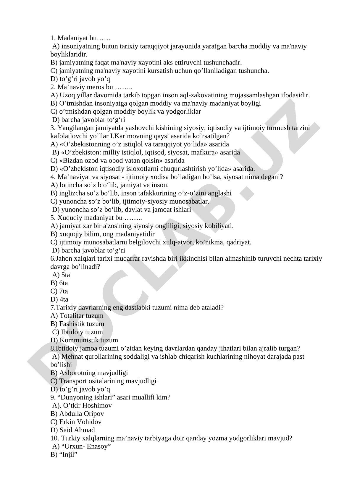 Madaniyat, ma'naviy meros va siyosatga oid test savollari