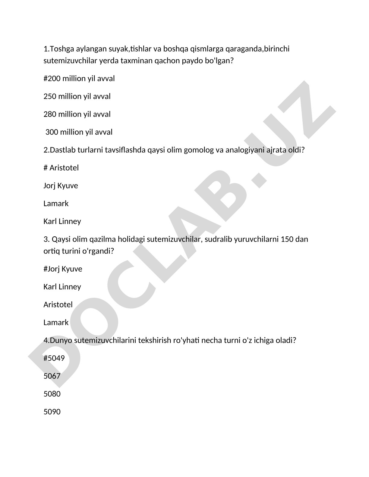 Sutemizuvchilar bo'yicha test savollari