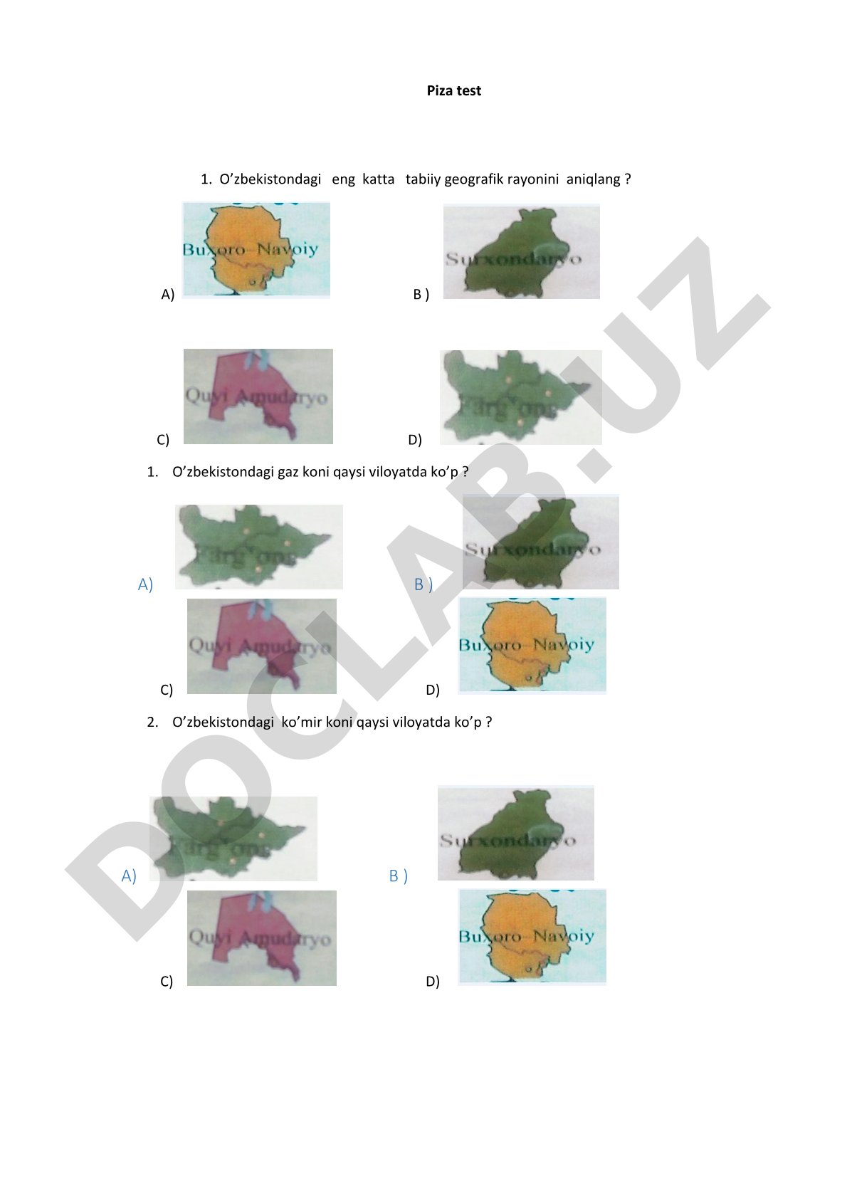 O'zbekiston geografiyasi, konlari, zavodlari va davlat bayroqlari haqidagi test