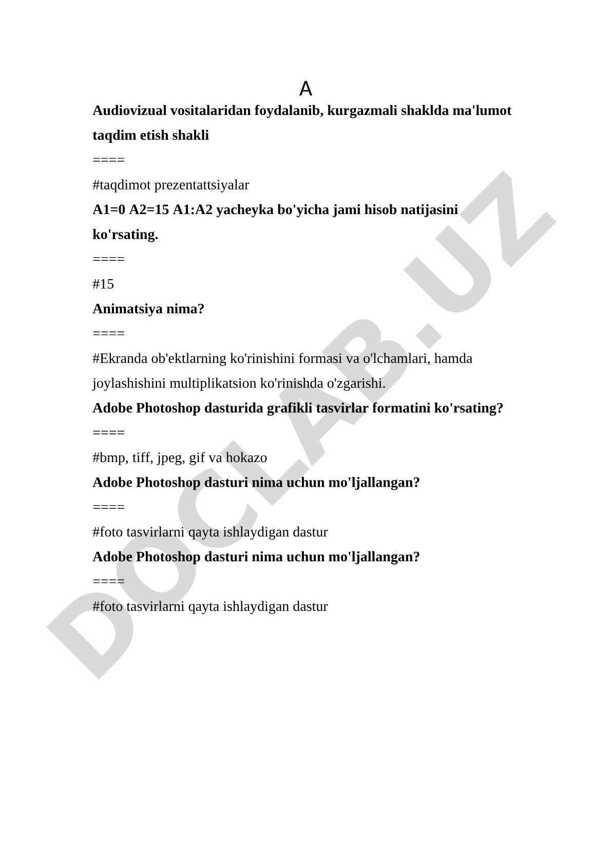 Informatika fanidan test savollari