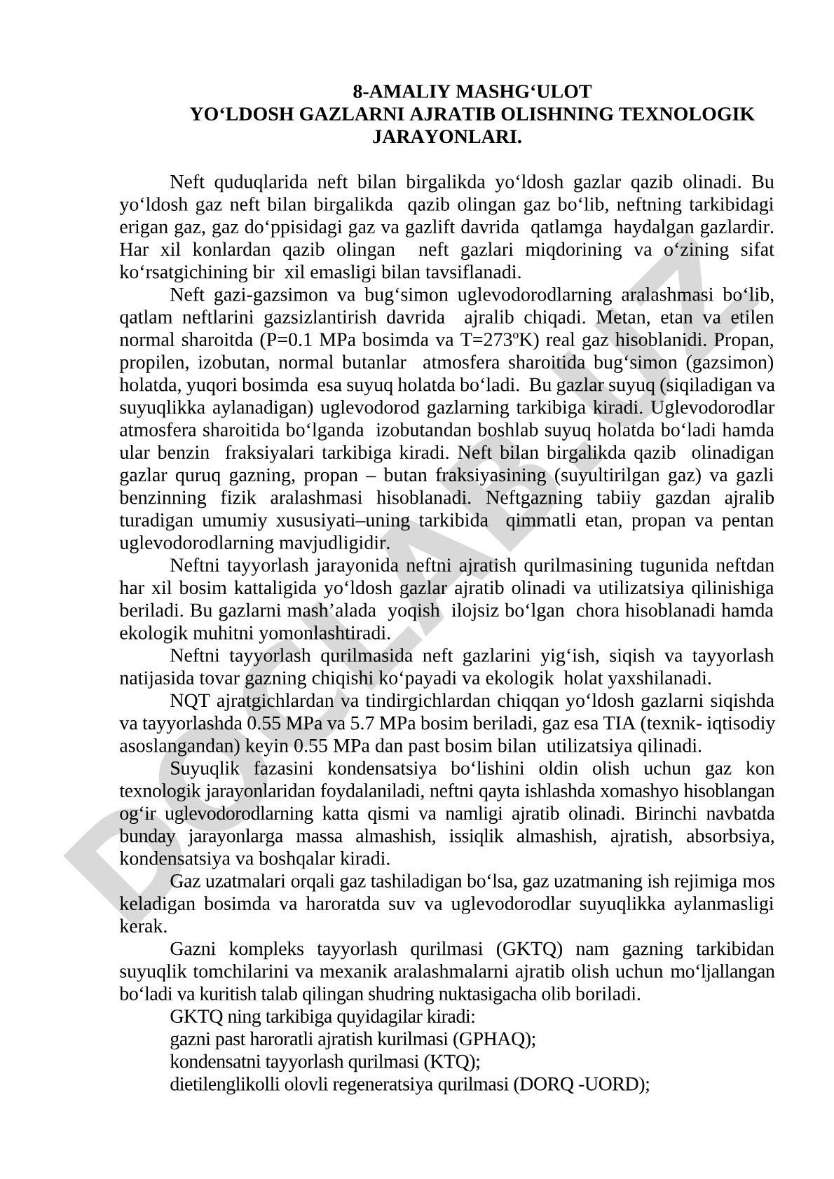 Yo'ldosh gazlarni ajratib olishning texnologik jarayonlari