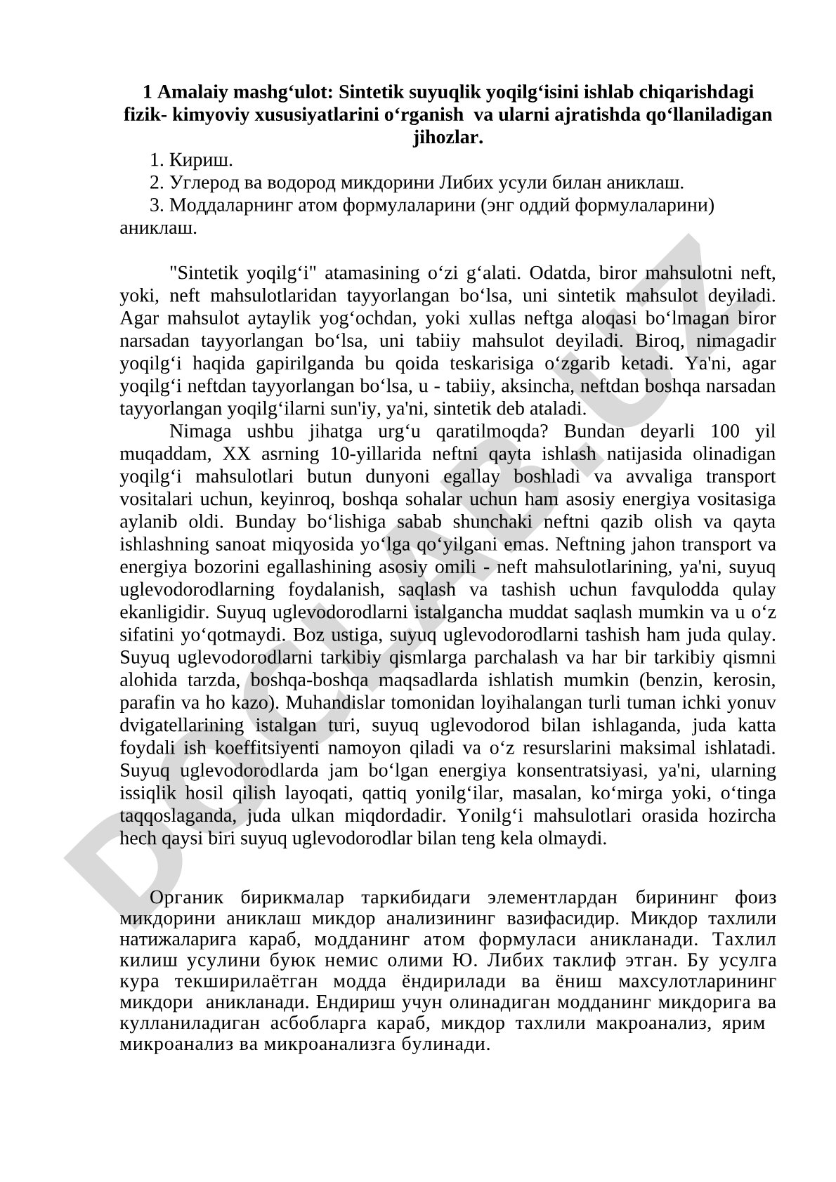 Sintetik suyuqlik yoqilg‘isini ishlab chiqarishdagi fizik-kimyoviy xususiyatlarini o‘rganish