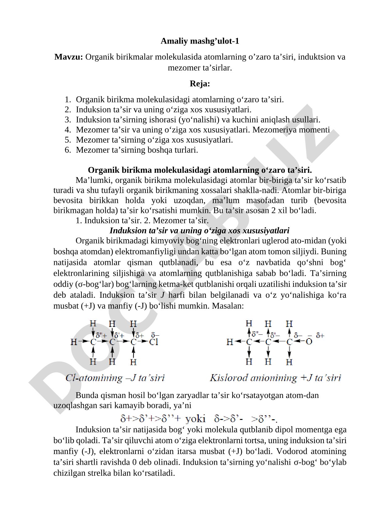 Organik birikmalar molekulasida atomlarning o'zaro ta'siri, induktsion va mezomer ta'sirlar