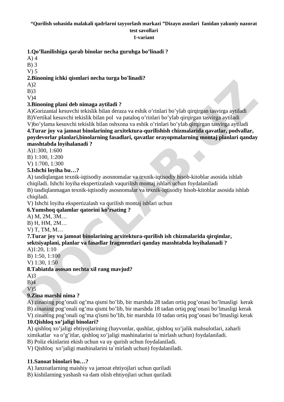 Dizayn asoslari fanidan yakuniy nazorat test savollari
