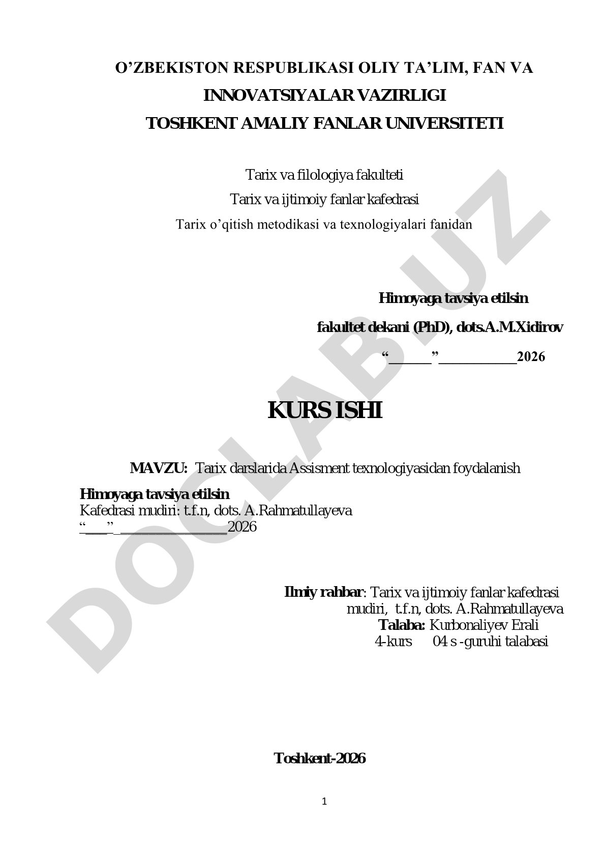 Tarix darslarida Assisment texnologiyasidan foydalanish