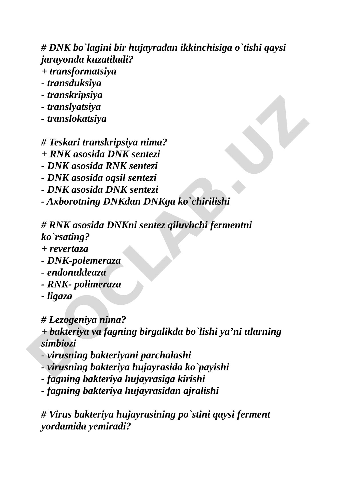 Molekulyar biologiya va mikrobiologiya bo'yicha test savollari