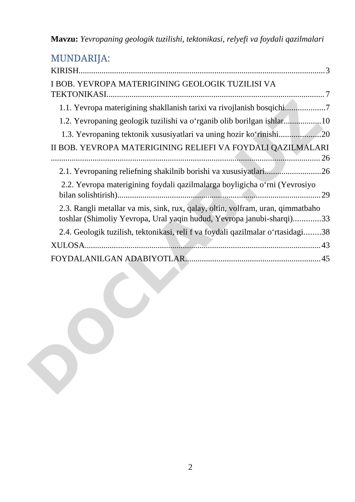 Yevropaning geologik tuzilishi, tektonikasi, relyefi va foydali qazilmalari