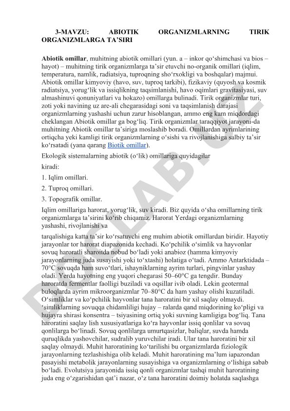 Abiotik organizmlarning tirik organizmlarga ta'siri