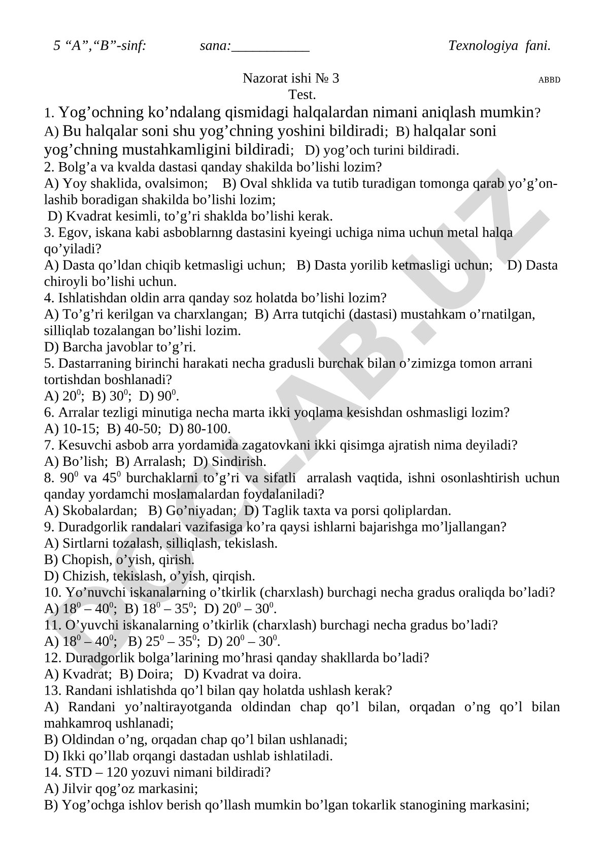Texnologiya fanidan nazorat ishi №3