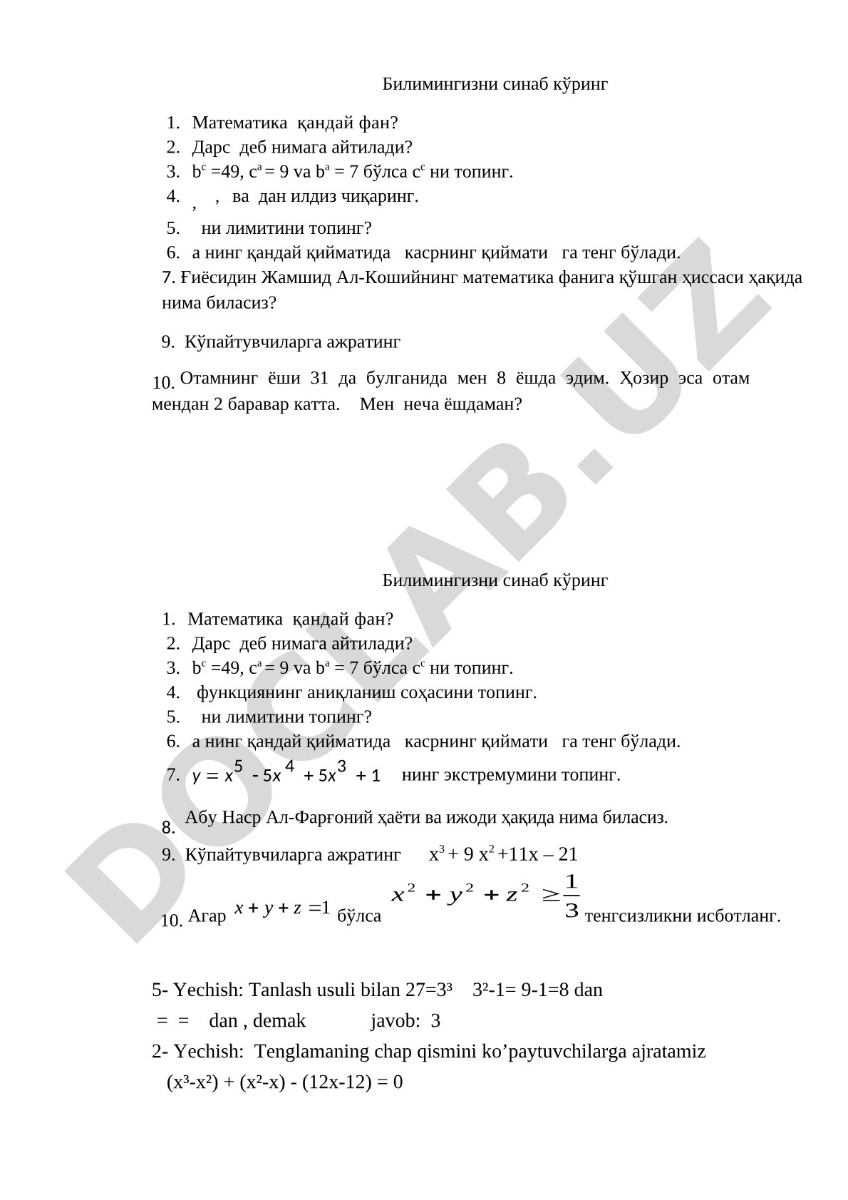 Matematika fanidan savol va masalalar to'plami
