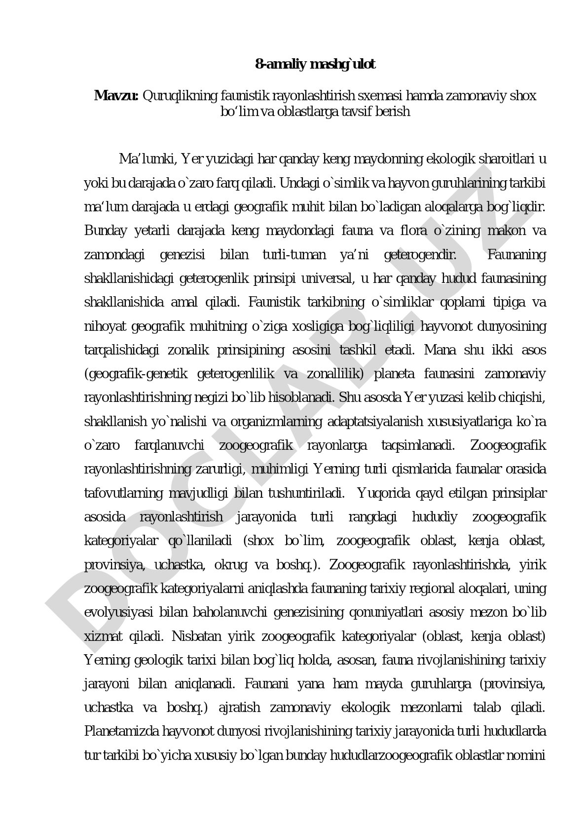 Quruqlikning faunistik rayonlashtirish sxemasi hamda zamonaviy shox bo‘lim va oblastlarga tavsif berish