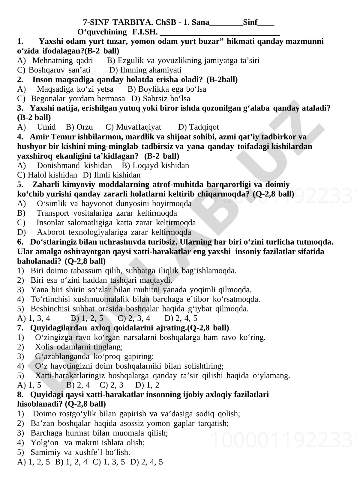 7-sinf Tarbiya ChSB-1 test savollari