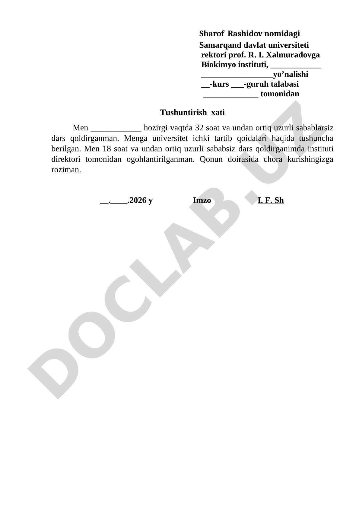Dars qoldirganlik to'g'risida tushuntirish xati
