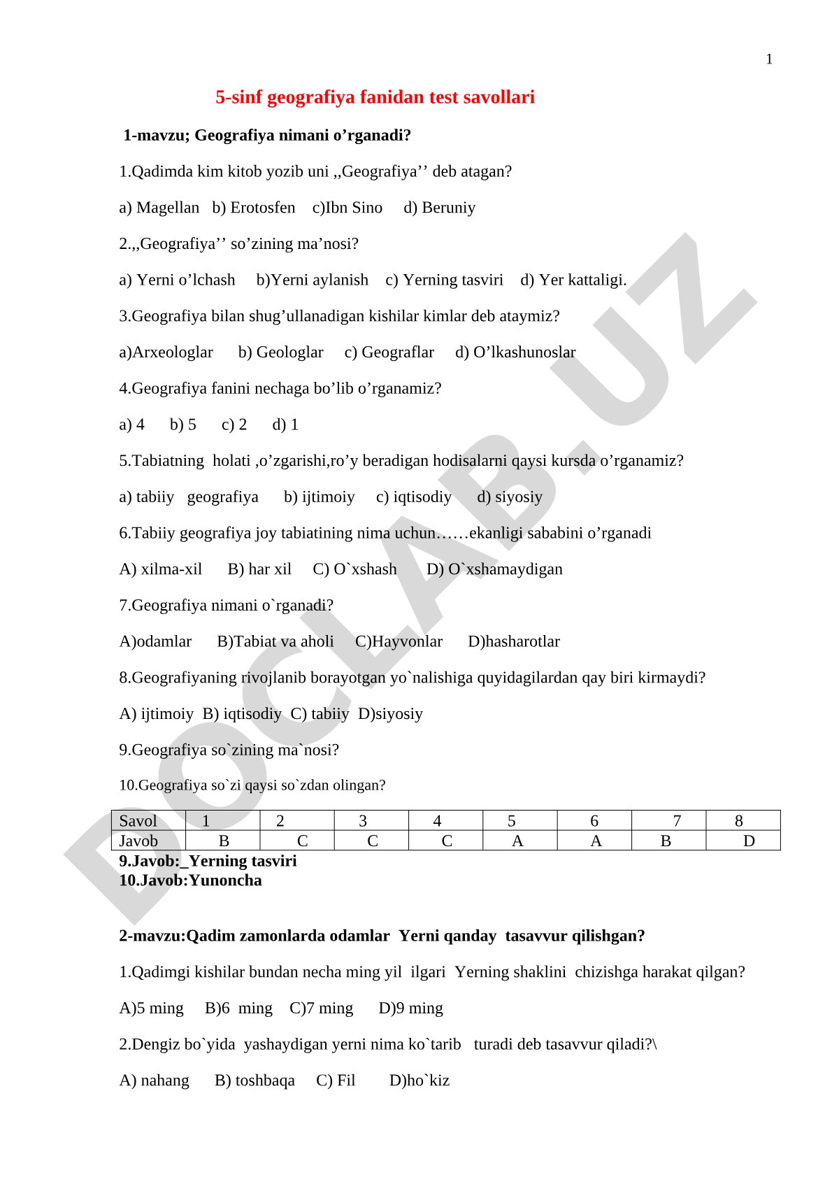 5-sinf geografiya fanidan test savollari
