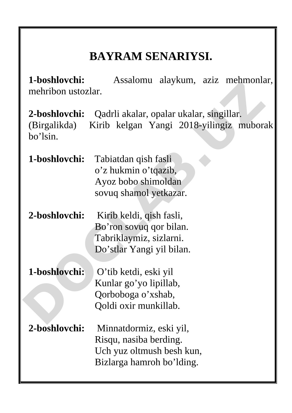 Yangi 2018 yilni nishonlash uchun bayram senariysi, boshlovchilar tabriklari bilan