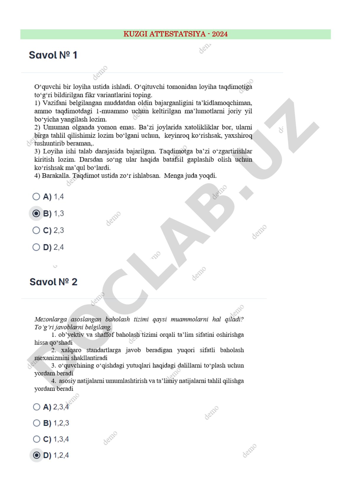 Kuzgi attestatsiya 2024 javoblari