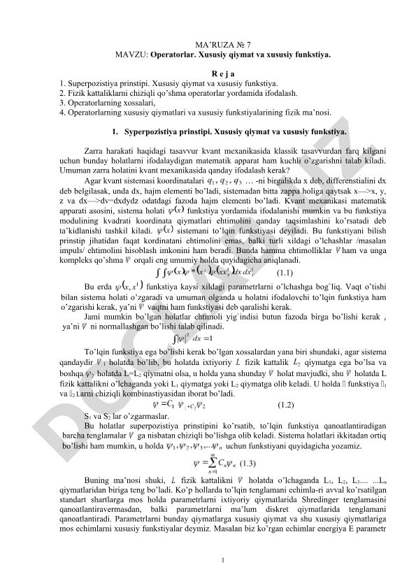 Operatorlar. Xususiy qiymat va xususiy funkstiya