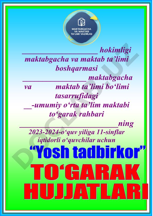 Yosh tadbirkor to'garagi 2023-2024-o'quv yili uchun