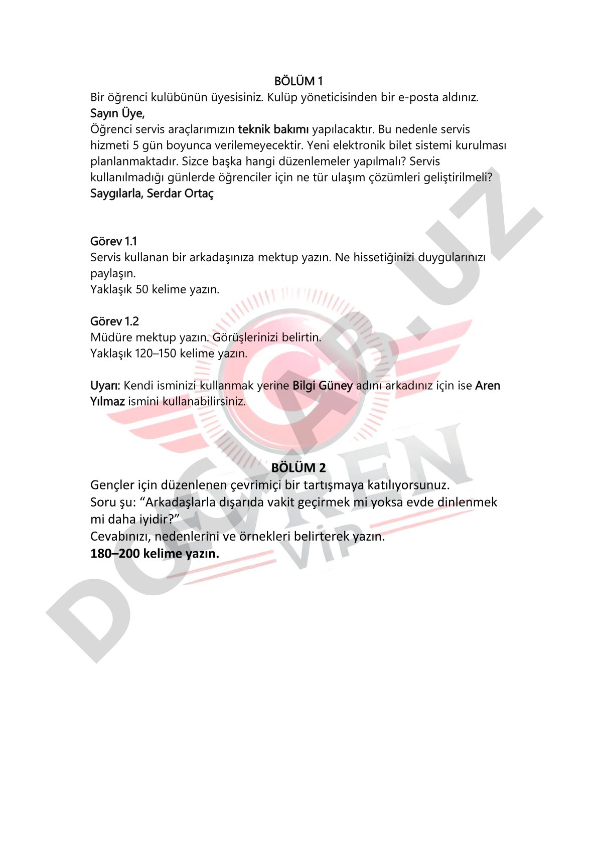 Öğrenci kulübü servis e-postası ve mektup yazma görevleri