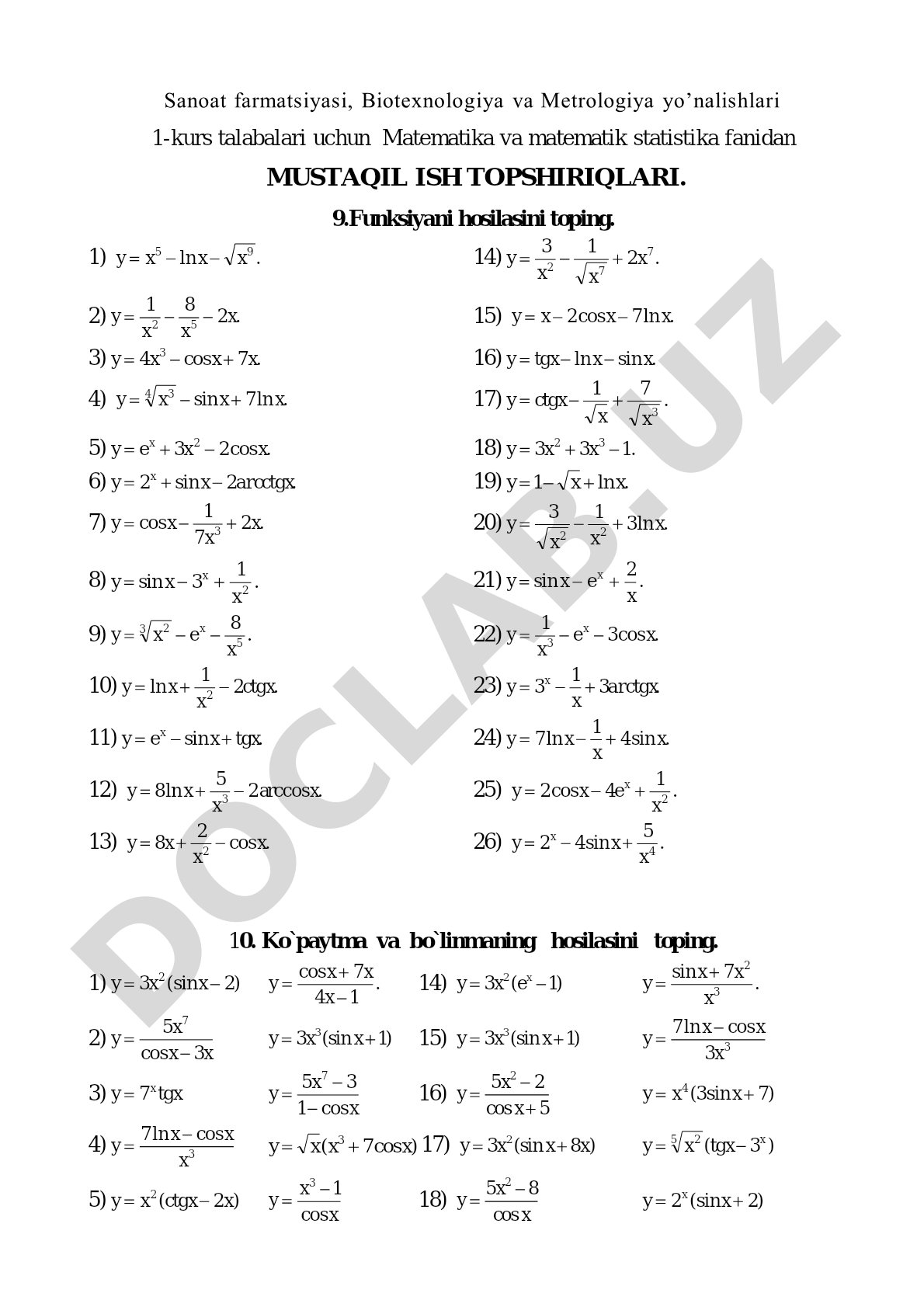 Matematika va matematik statistika fanidan mustaqil ish topshiriqlari
