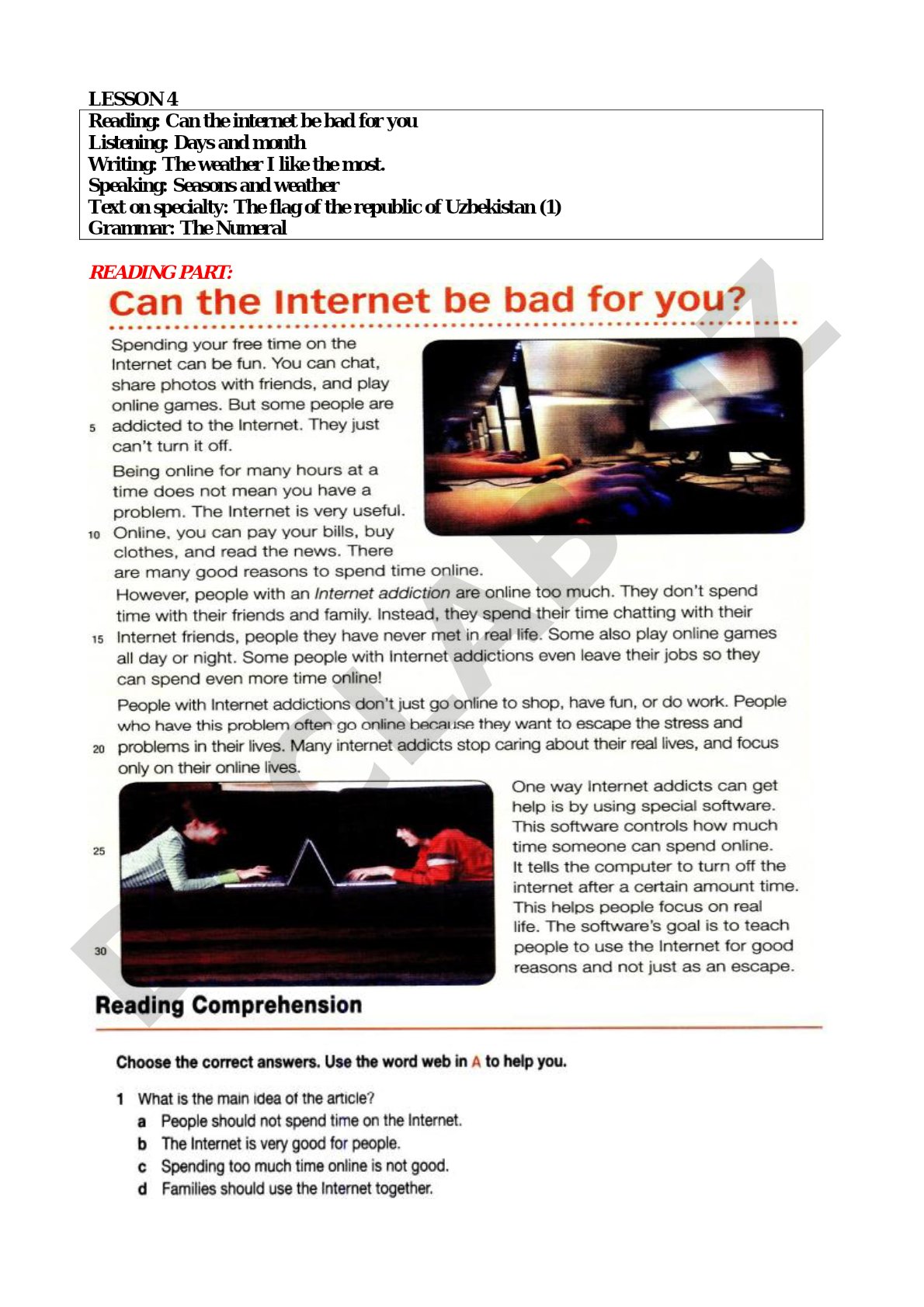 English lesson plan with internet reading, days, months, weather and numerals