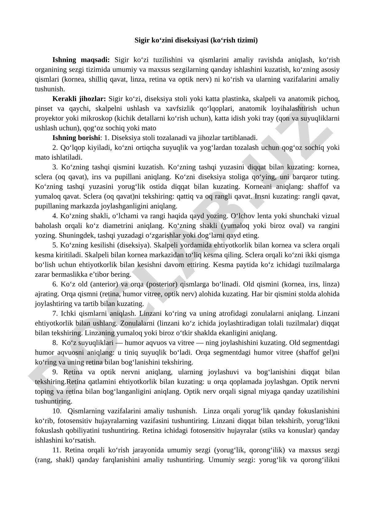 Sigir ko‘zini diseksiyasi (ko‘rish tizimi)