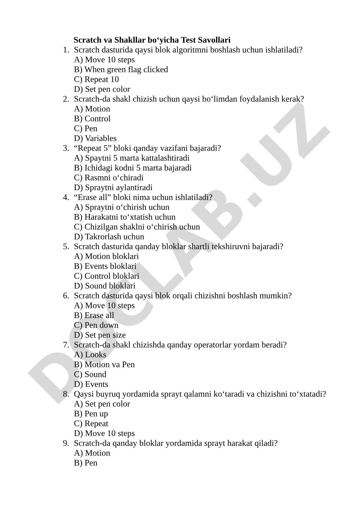 Scratch va Shakllar bo‘yicha Test Savollari